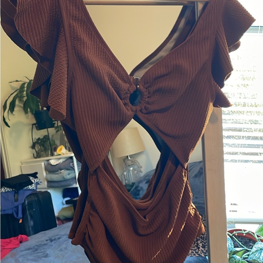 Chic Brown Ruffle One-Piece Swimsuit